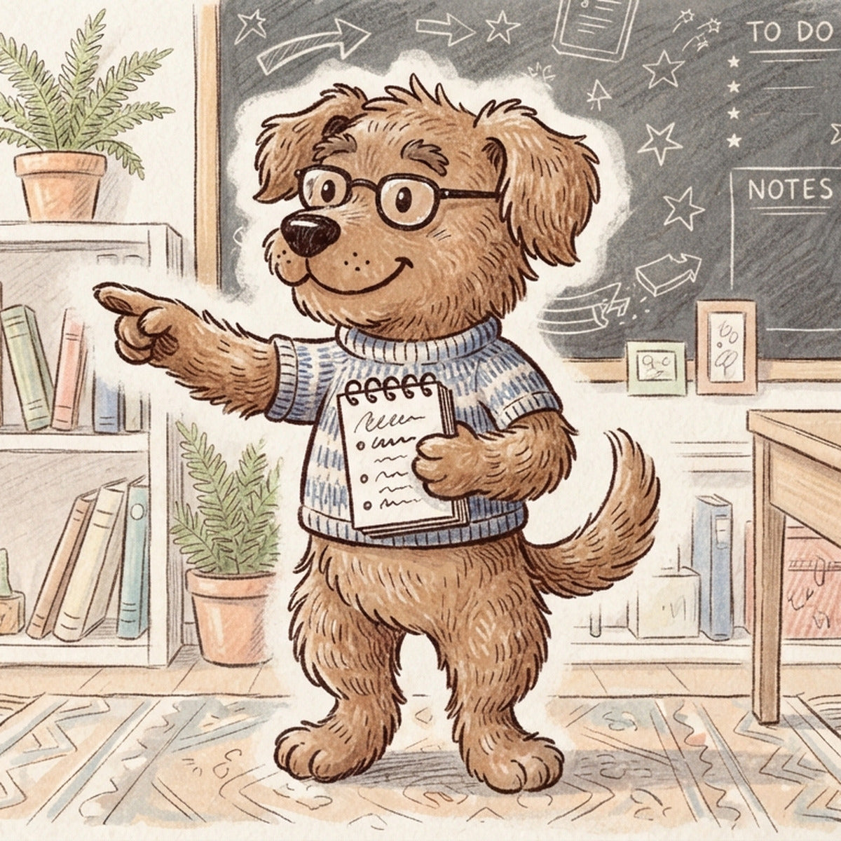 An illustrated dog in a jumper pointing at a list of questions
