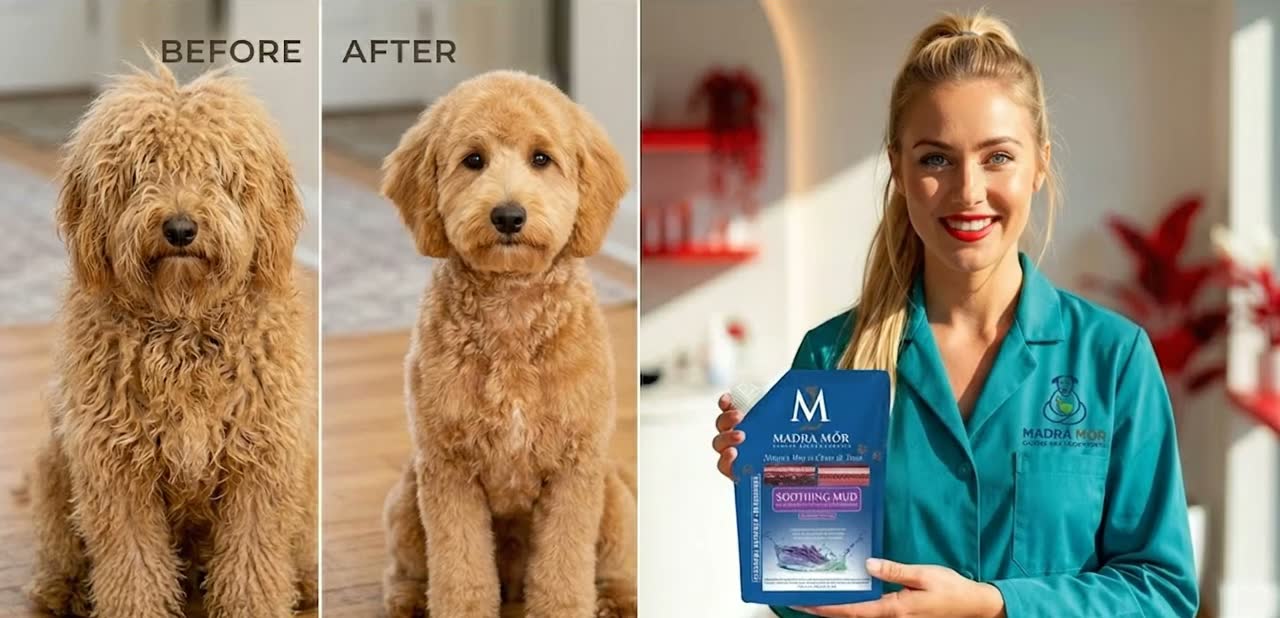 A groomer holding Madra Mor mud beside a dog before and after treatment