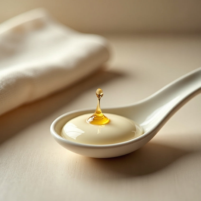 A spoon of rich green clay with a golden droplet falling into it