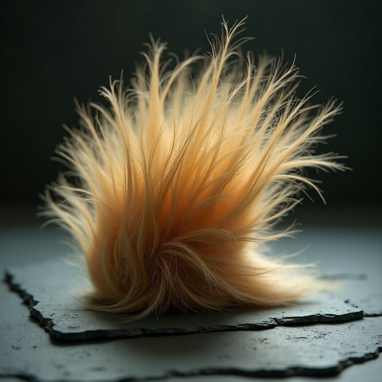 A tuft of golden dog fur lifting from a slate surface
