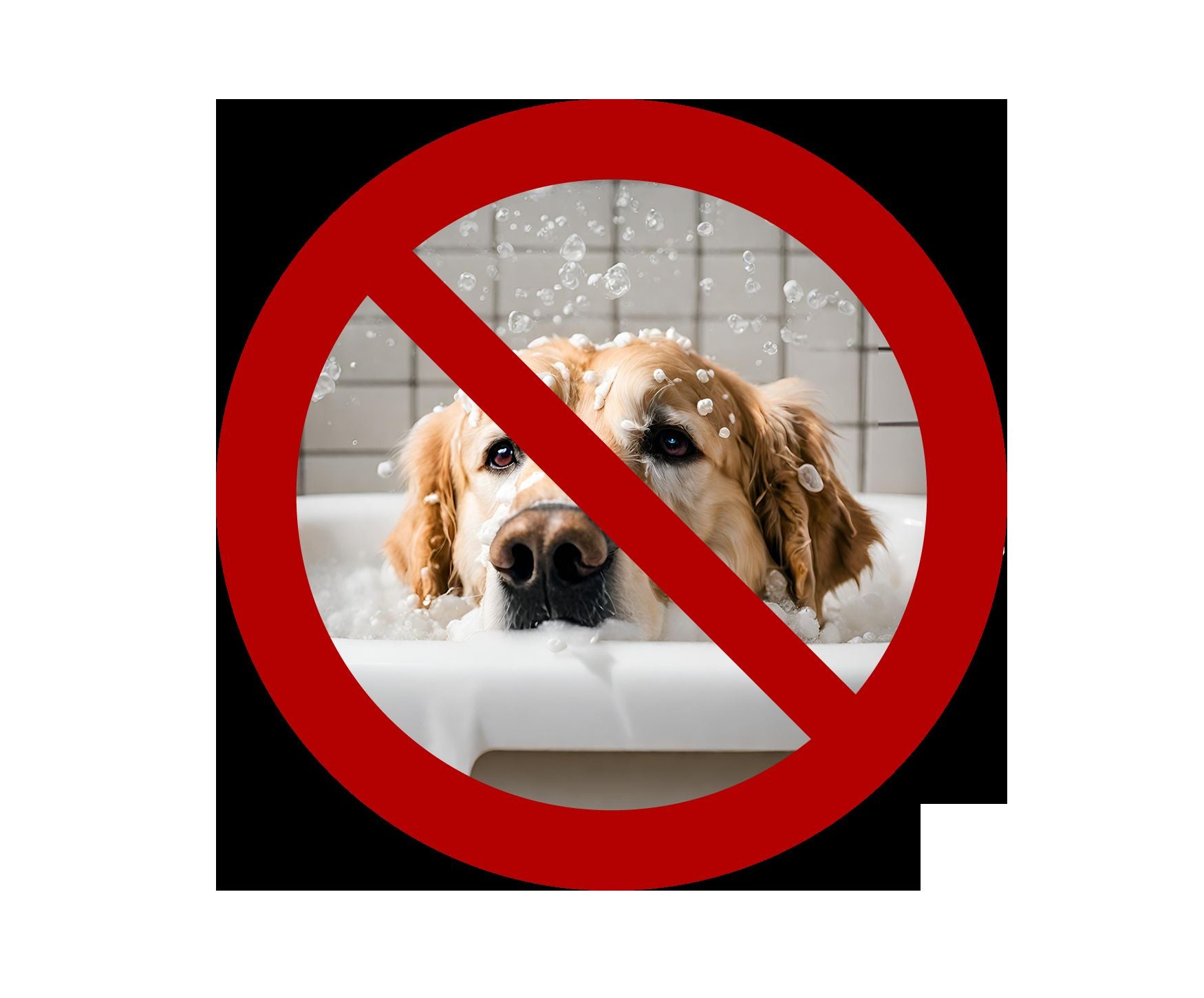 A dog being scrubbed in a cloud of foam, crossed out